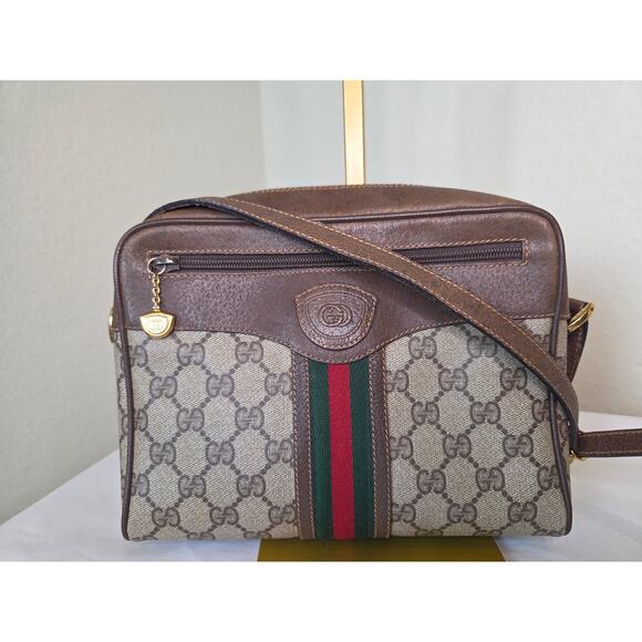 Gucci Vintage GG Canvas Web Crossbody Bag Brown Leather Camera Bag Ophidia - Picture 2 of 15